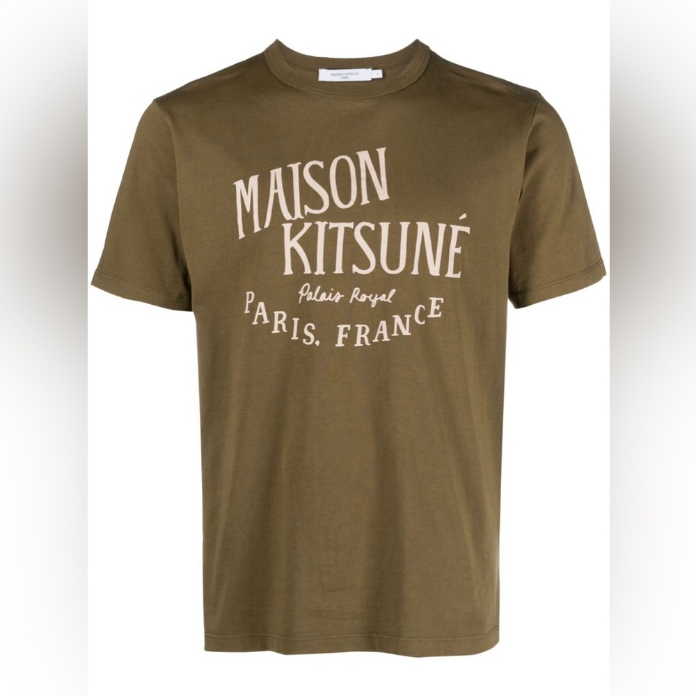MAISON KITSUNE LOGO T-SHIRT || KHAKI AND GOLD || MEN’S SMALL || UNISEX || EUC
